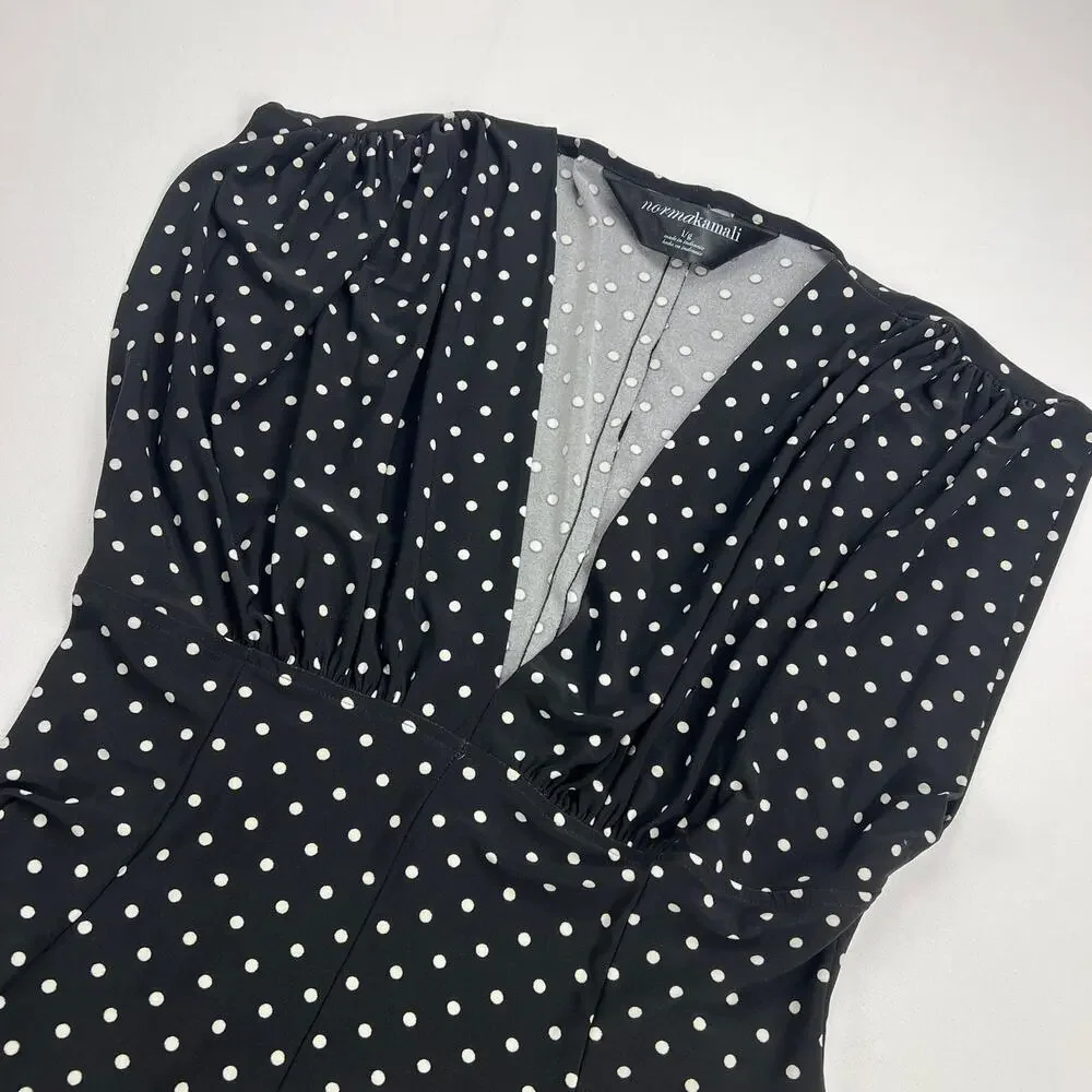 Norma Kamali Polka Dot Swing Dress Black White V-Neck Midi Flared A-Line Size L - Picture 6 of 12
